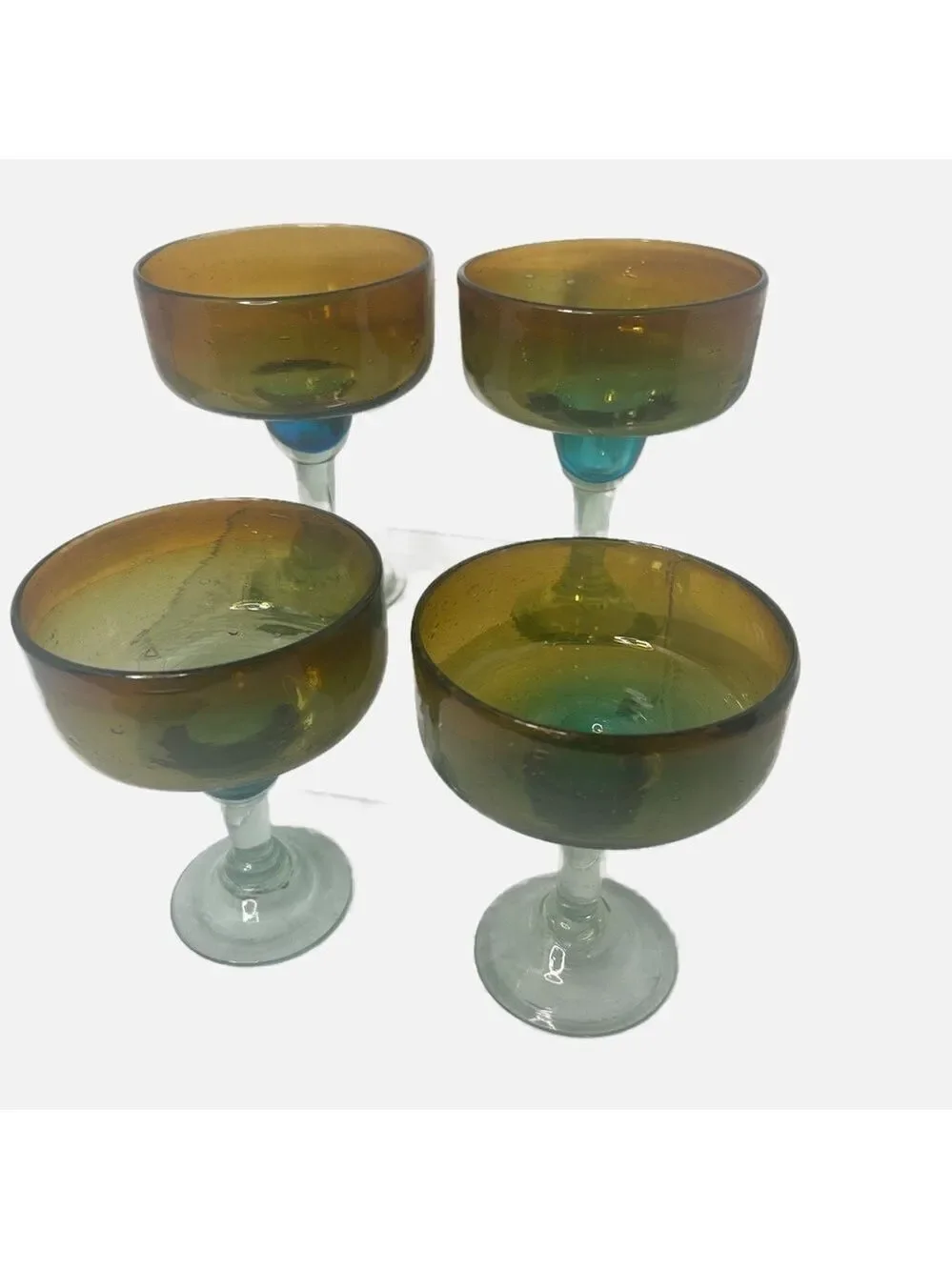 Handblown Mexican Amber and Teal Glass Goblets Set